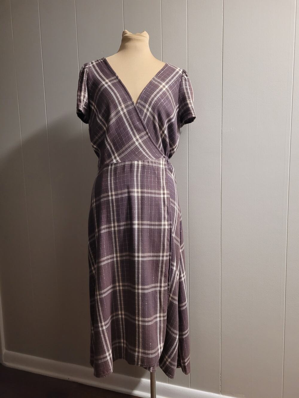 GAP - Grey Plaid Wrap Dress Flutter Sleeves Women's Small Tall
